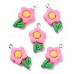 Resin Pendants, with Platinum Iron Peg Bail, Flower, Hot Pink, 31.5x17x6mm, Hole: 2mm
