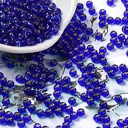 Perles de rocaille en verre, Argenté, trou rond, ronde, bleu foncé, 4x3mm, Trou: 1.2mm, 6429 pcs / livre