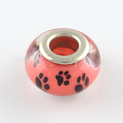 Europäische Perlen aus Harz mit großen Löchern für Hundepfotenabdrücke, mit silberner Farbe Messing Doppelkerne, Rondell, rot, 14x9~10 mm, Bohrung: 5 mm