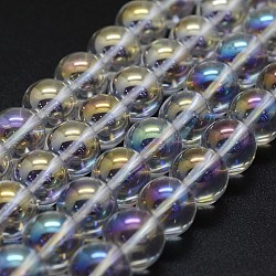 Гальванические природный кристалл кварца бусы пряди, с покрытием AB цвета, круглые, ясно AB, 8 мм, отверстие : 0.8 мм, около 49 шт / нитка, 15.7 дюйм