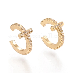 Brass Micro Pave Clear Cubic Zirconia Cuff Earrings, Cross, Real 18K Gold Plated, 9.5x1.5~6.5mm