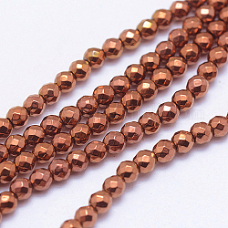Chapelets de perles en hématite synthétique sans magnétiques, facetté (128 facettes), ronde, plaquée de cuivre rouge, 3mm, Trou: 1mm, Environ 136 pcs/chapelet, 15.7 pouce