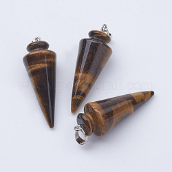 Natural Tiger Eye Pendants, with Platinum Tone Brass Findings, Cone/Spike/Pendulum, 43~45x16mm, Hole: 5x7mm