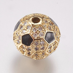 Brass Micro Pave Cubic Zirconia Beads, with Enamel, Round, Black & Clear, Golden, 9.5mm, Hole: 1mm