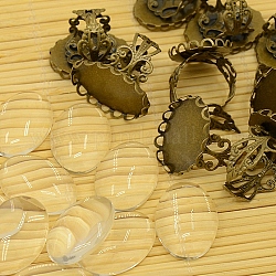 DIY Antique Bronze Brass Pad Ring Making, with Oval Tray and Transparent Clear Glass Cabochons, Nickel Free, Ring: 16mm, Tray: 25x18mm, Glass: 18x25x5.4mm