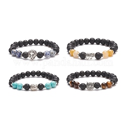 4Pcs 4 Style Natural & Synthetic Mixed Gemstone Stretch Bracelet Sets, Lion & Owl & Elephant & Buddha Alloy Beaded Bracelets for Women, Inner Diameter: 2 inch(5.2cm), 1Pc/style