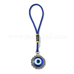 Flat Round with Evil Eye Resin & Alloy Pendant Decorations, Polyester Cord Hanging Ornaments, Antique Silver, 132mm