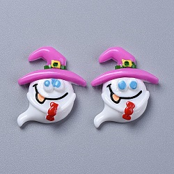 Cabochons en résine opaque thème halloween, pour la fabrication de bijoux, fantôme avec chapeau magique rose, avec des bonbons, dos plat, blanc, 27.5x24.5x7mm