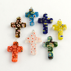 Perles en verre de millefiori manuelles, avec les accessoires en fer de platine plaqués, croix, couleur mixte, 30~35x20~22x4mm, Trou: 1.5~2mm