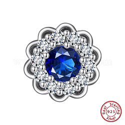 925 perline in argento sterling placcato rodio, con zirconi blu, fiore, Vero platino placcato, 10.5x6.5mm, Foro: 1.2 mm
