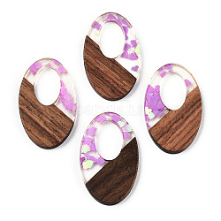 Pendenti in resina trasparente e legno di noce, charms ovali con paillettes a cuore, viola, 35.5x22x3.5mm, Foro: 16x10 mm