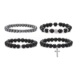 4 pièces 4 style naturel obsidienne sans yeux et pierre de lave ensemble de bracelets perlés, bracelets empilables de breloques de croix de zircone cubique pour les femmes, couleur mixte, diamètre intérieur: 2-1/8~2-3/8 pouce (5.45~6.1 cm), 1pc / style