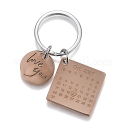 Engraved Calendar Date Stainless Steel Keychain, Square & Flat Round with Word Love You, Rose Gold & Stainless Steel Color, 60mm