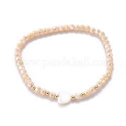 Verre à facettes perles bracelets extensibles, avec des perles en laiton et des perles en coquillage trochid naturel, navajo blanc, diamètre intérieur: 2-1/4 pouce (5.8 cm)