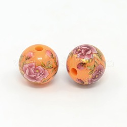 Flower Printed Opaque Acrylic Round Beads, Dark Orange, 10mm, Hole: 1mm