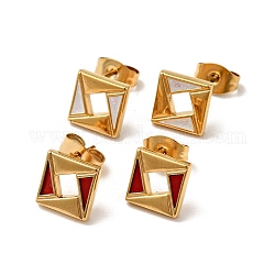 Ion Plating(IP) Rhombus 304 Stainless Steel Stud Enamel Earrings, with 316 Surgical Stainless Steel Pin, Golden, Mixed Color, 8x8mm, Pin: 0.7mm