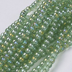 Glass Beads Strands, Round, Green, AB Color Plated, The beads about 4mm in diameter, hole: 1mm, about 80pcs/strand, about 13 inch/strand