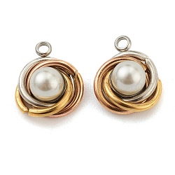 Encantos de 304 acero inoxidable, con perlas de imitación de plástico blanco, vórtice, acero color oro y acero, 14x12x7mm, agujero: 1.6 mm