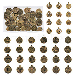 6 ensembles de 3 pendentifs en alliage de style tibétain, plat rond avec motif douze constellations, sans nickel, bronze antique, 2 ensembles/style