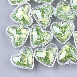 Ciondoli di plastica, con fiori secchi e strass, cuore, verde, 29x30x18mm, Foro: 1.8 mm