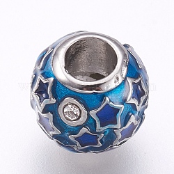 Perles européennes en 304 acier inoxydable, Perles avec un grand trou   , avec l'émail et strass, rondelle avec étoile, couleur inoxydable, bleu foncé, 10x9.5mm, Trou: 4mm