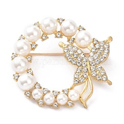 Broche de la aleación, con perlas de imitación de plástico y rhinestone, anillo con la mariposa, dorado, 38x41x8mm