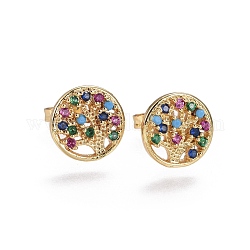 Brass Micro Pave Cubic Zirconia Stud Earrings, Flat Round with Tree of Life, Golden, Colorful, 14.5x10.3x2.5mm, Pin: 0.7mm