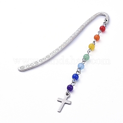 Chakra Theme, Tibetan Style Alloy Bookmarks, with Natural & Dyed Malaysia Jade Beads and 304 Stainless Steel Pendants, Cross, Colorful, Pendants: about 89x9.5x4.5mm, 84x4.5x1.3mm