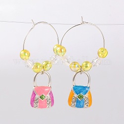 Alloy Enamel Handbag Wine Glass Charms, with Rhinestone, Transparent Acrylic Beads and Brass Hoop Earrings, Platinum, Yellow, 47mm, Pin: 0.7mm