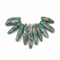 Ligne de perles de jaspe impérial en or synthétique, pendentifs éventails gradués, perles focales, teinte, vert de mer clair, 19~50x7~8.5x6~8mm, Trou: 1.5mm, 9 pièces / kit, 2.75 pouce / brin