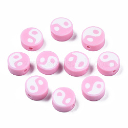 Perline polimero argilla fatto a mano, piatta e rotonda con yin yang, perla rosa, 9~10x9~10x4~7mm, Foro: 2 mm