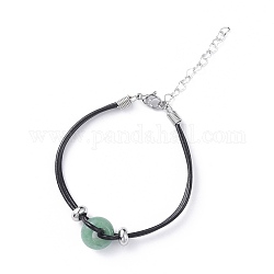Bracelets en cuir de vachette, avec perles européennes naturelles d'aventurine verte, 304 perles rondelles en acier inoxydable et fermoirs mousquetons, 7-1/8 pouce (18.2 cm)