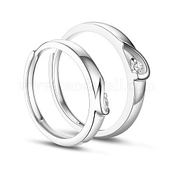 Shegrace coppia di anelli regolabili con cuore in argento rodiato placcato rodio, aaa con zirconi, taglia 925 e taglia 7, platino, 10 mm e 17 mm