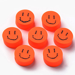 Perles en pâte polymère manuel, pour les fournitures de bricolage bijoux artisanat, plat rond avec un visage souriant, rouge-orange, 9x4~5mm, Trou: 1.6mm