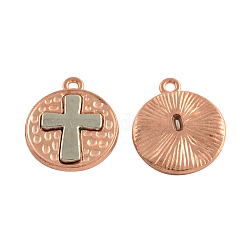 Tibetan Style Alloy Pendants, Flat Round with Plated Cross Pattern, Cadmium Free & Nickel Free & Lead Free, Rose Gold, 23x20x3mm, Hole: 2mm