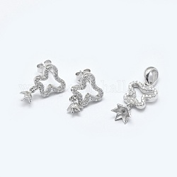 925 Sterling Silver Pendant Bails and Ear Stud Components Sets, with Cubic Zirconia, For Half Drilled Beads, Butterfly, Platinum, Tray: 7x7mm, Pendant: 19mm, Hole: 3x5mm, Earrings: 16mm, Pin: 0.8mm