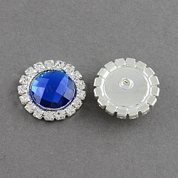 Faceted Dome/Half Round Brass Acrylic Rhinestone Shank Buttons, with Grade A Crystal Rhinestones, 1-Hole, Silver Color Plated Metal Color, Blue, 21x5.5mm, Hole: 1mm