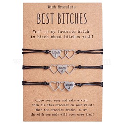 3Pcs 3 Style 430 Stainless Steel Heart with Word Bitch Link Bracelets Set, Match Adjustable Bracelets for Best Friends Couple Family, Stainless Steel Color, 7-1/8~11-3/4 inch(18~30cm), 1Pc/style