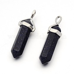 Synthetic Blue Goldstone Bullet Pointed Pendants, with Platinum Plated Alloy Findings, 38~41x13x10mm, Hole: 5x3mm