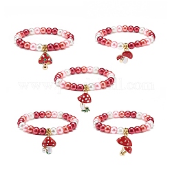 Bracelet extensible en perles de verre rouge avec breloque champignon en alliage d'émail pour femme, Modèles mixtes, diamètre intérieur: 2-1/8 pouce (5.4 cm)