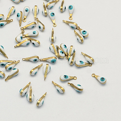 Antique Golden Plated Brass Enamel Charms, Teardrop with Eye, White, 11x4x4mm, Hole: 1mm
