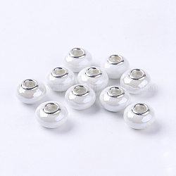 Handmade Porcelain European Beads, with Silver Color Brass Double Cores, Rondelle, White, 15x10~11mm, Hole: 5mm