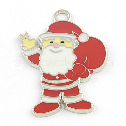 Alloy Christmas Santa Claus Enamel Pendants, Platinum, Red, 36.5x28x1.5mm, Hole: 3mm