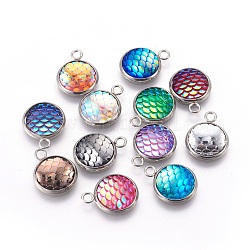 Resin Pendants, with 304 Stainless Steel Finding, Flat Round with Mermaid Fish Scale Shaped, Stainless Steel Color, Mixed Color, 18x14x3.5mm, Hole: 2mm