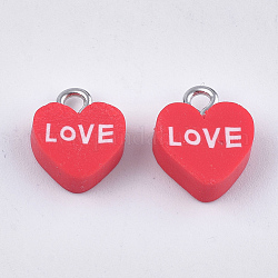 Ciondoli in argilla polimerica fatti a mano, con accessori di ferro, cuore con amore, platino, per San Valentino, rosso, 12~13x10~10.5x4~4.5mm, Foro: 1.8 mm