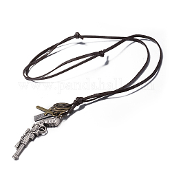 Adjustable Men's Zinc Alloy Pendant and Leather Cord Lariat Necklaces, Gun and Cross, Coconut Brown, Antique Silver, 8.1 inch