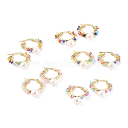 304 Stainless Steel Beaded Hoop Earrings, with Glass Seed Beads and Natural Pearl Beads, Ring, Golden, Mixed Color, 29x25x3.5mm, Pin: 1mm