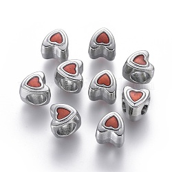 Alloy European Beads, Mother's Day Gifts Making, Enamel, Platinum Color, Lead Free and Cadmium Free, Red Heart, 9mm long, 8.5mm wide, 9mm thick, hole: 4.5mm