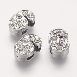 Platinum Alloy Rhinestone Number Slide Charms, Number 6, 11~12x4.5~7.5x5mm, Hole: 7x1mm