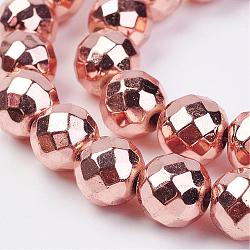Chapelets de perle en hématite synthétique sans magnétique, facette, ronde, rose plaqué or, 10mm, Trou: 1.5mm, Environ 43 pcs/chapelet, 15.7 pouce